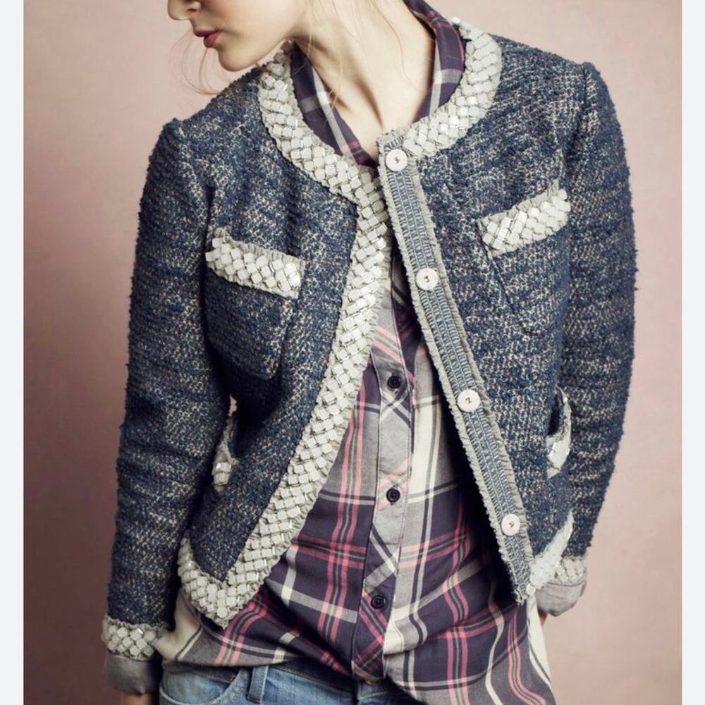 Anthropologie Isani Women’s Embellished Tweed Lady Jacket Small Navy